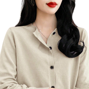 Suéter de Punto Suave para Mujer, de Poliéster, Color Sólido, Alta Elasticidad, Manga Larga, Cuello Redondo con Botones al Frente, Casual, Elegante, Ligero, para Todas las Temporadas - Product Image 3