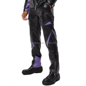 À la mode respirant en cuir noir pantalon mi contraste violet panneaux fermeture éclair cheville point blanc détaillant Streetwear motard mode - Product Image 2
