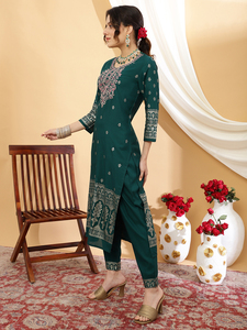 Traditional Indian Designer Rayon Fabric Embroidered Rama Kurtis Women's Latest <b>Three</b> Piece Ethnic Wear A-Line <b>Three</b> Quarter - Product Image 2