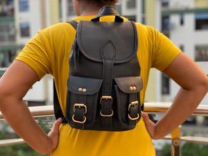 Sac à dos en cuir véritable noir unisexe, élégant, pour étudiants - Product Image 3