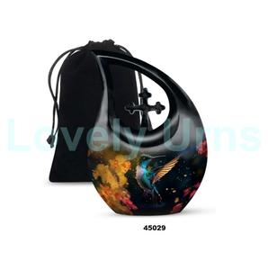 Urna de cremación de pájaro colibrí con gota de lágrima de aluminio negro más vendida para cenizas humanas, urna cruzada decorativa con bolsa de terciopelo gratis - Product Image 1
