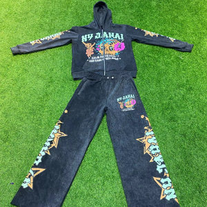Custom Acid Washed 100% Cotton Terry Breathable Men's Flare Stacked <b>Oversized</b> Tracksuit Set <b>Sweatpants</b> and Hoodie - Product Image 1