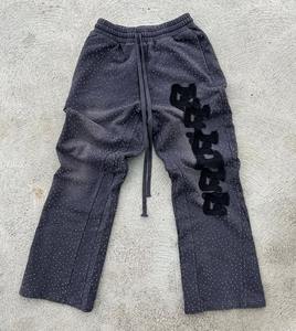 Pantalon évasé personnalisé délavé à l'acide avec cordon de serrage 100% coton brodé taille lourde pantalon de survêtement avec strass - Product Image 6