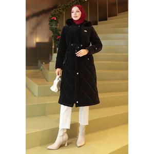 19283 Trench-coat matelassé noir avec fermeture éclair et taille à cordon de serrage, vêtement d'extérieur long - Product Image 1