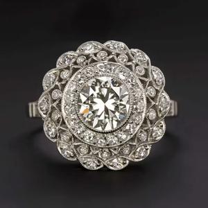 Bague de fiançailles vintage Art Déco à halo de diamants de laboratoire, or massif 14 carats, taille ronde, bijoux de mariée, très prisée - Product Image 1