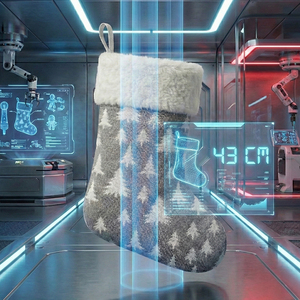 Chaussette de Noël grise de 43 cm avec motif de sapin blanc brodé, en tissu écossais, en forme de Père Noël - Product Image 1