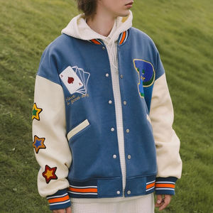 OEM Blouson de baseball brodé en chenille de haute qualité personnalisé Hommes Femmes Bleu en vrac Veste Letterman Varsity - Product Image 1