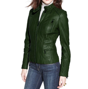 High Quality Solid Green Color Women Leather <b>Jacket</b> Breathable Custom Outdoor Leather <b>Jacket</b> With Best Material - Product Image 1