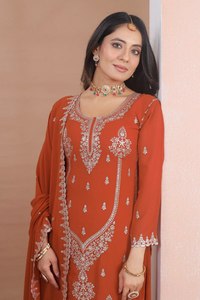 Faux Georgette <b>Silk</b> <b>Fabric</b> Glitter Sequences Embroidery Reversible Moisture Wicking Work S-XXL Size Top Sharara Dupatta Set - Product Image 3