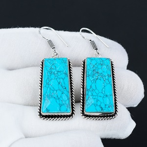 ต่างหู925สเตอริ่งชุบเงินสไตล์โบฮีเมียนแฟชั่นสไตล์ธิเบตเทอร์ควอยซ์ทรงรีอัญมณีธรรมชาติ - Product Image 2