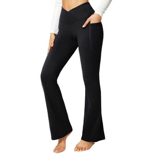 Ladies Flared Yoga <b>Leggings</b> Elastic Waist Nylon Spandex Stretch Fabric High Rise Full Length Lightweight Breathable <b>Pockets</b> - Product Image 1
