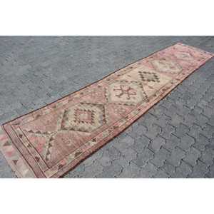 Turkish Vintage Rug, 2.9x12 ft Herki Rug, <b>Brown</b> Pink Solid <b>Wool</b> Rug - Product Image 3