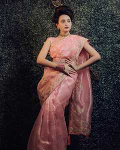 ชุดแต่งงานผ้าไหมออร์แกนซ่าสารีสไตล์โมเดิร์นดีไซน์เนอร์สีชมพูอ่อน - Product Image 6