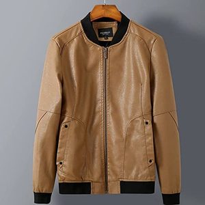 Chaqueta de cuero PU informal con cuello de béisbol Versión delgada Tela de lona Longitud larga para la temporada de invierno - Product Image 1