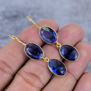 Pendientes de Plata de Ley 925 con Tanzanita y Cuarzo, Forma Ovalada, Chapados en Oro, con Bisel Moderno, para Mujer, Regalo para Fiesta - Product Image 1