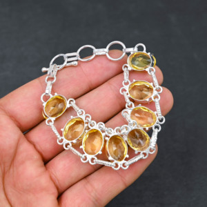 สร้อยข้อมือสีเหลืองซิทรีนจากแล็บสุดหรูพร้อมวงรี5อันขนาด10X14มม. เครื่องประดับหินสเตอร์ลิงสุดหรูสำหรับทุกเพศ - Product Image 3