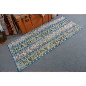 Alfombra Turca Vintage, Alfombra Decorativa de 2.7x6.2 pies, Alfombra de Lana con Diseño de Camuflaje Azul Verde - Product Image 1