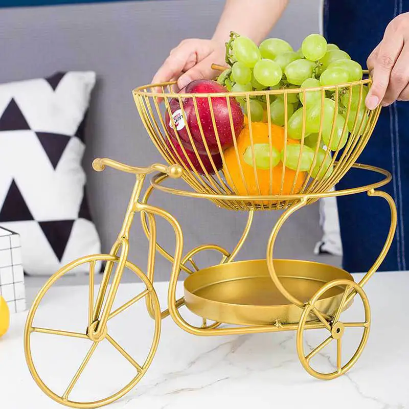 Triciclo grande de moda para almacenamiento de verduras, cesta de exhibición de fruta decorativa, con soporte de malla seca y alambre de Metal, color dorado y negro