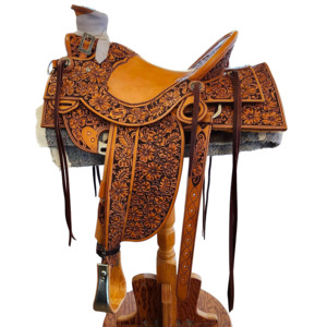 Étriers antiques en acier inoxydable avec selle Western Wade en cuir de première qualité, motif floral usiné à construction dense pour l'équitation - Product Image 1