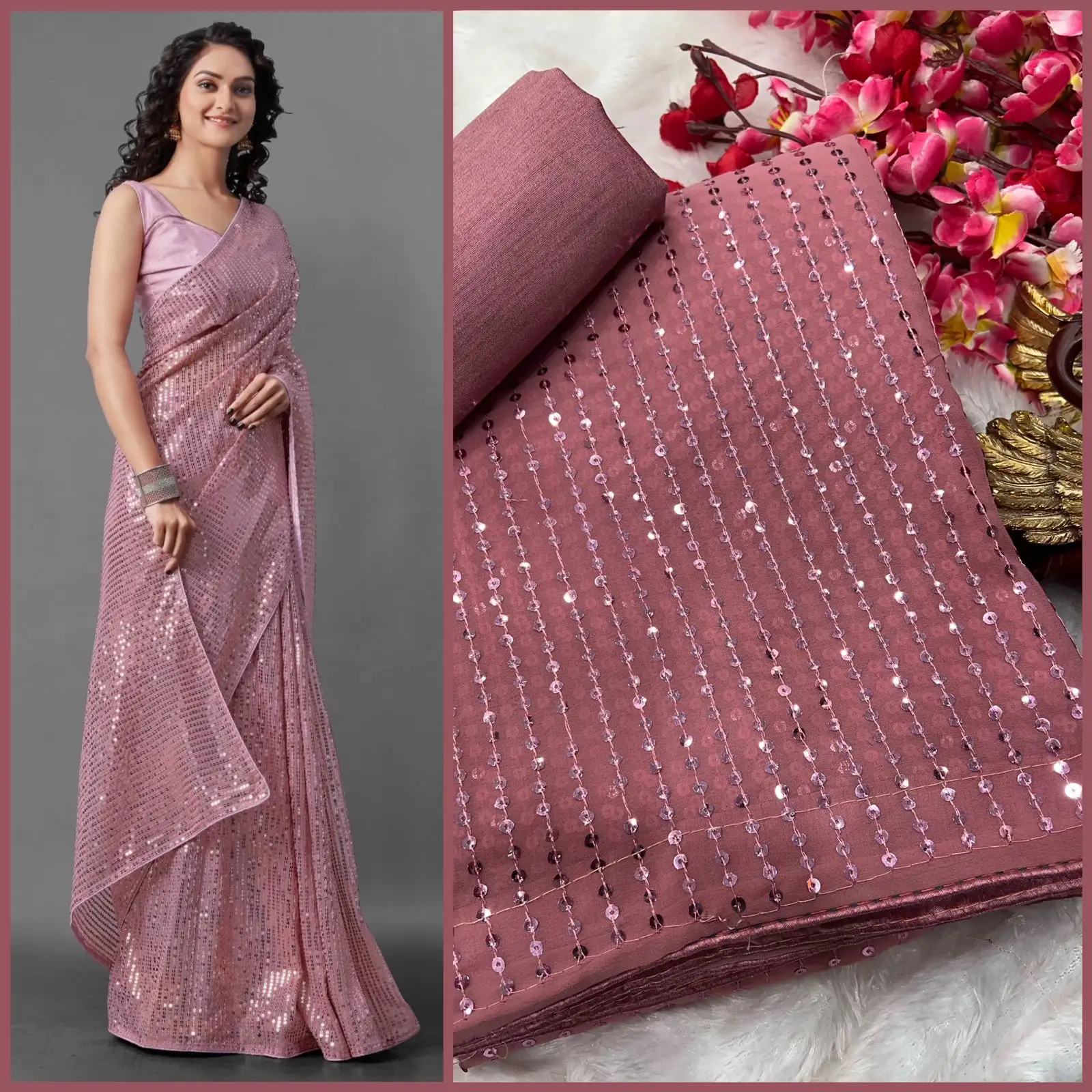 Georgette trình tự thêu làm việc Saree với áo mảnh Ấn Độ bên mặc phụ nữ phụ nữ mặc Sari giá rẻ giá thấp bán buôn