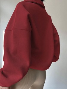 Sweat-shirt rouge surdimensionné à demi-fermeture éclair pull unisexe en molleton de coton à col haut épaules tombantes coupe ample Logo personnalisé Streetwear décontracté - Product Image 2