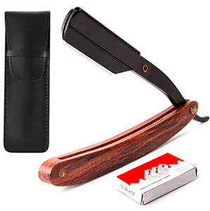 Depilación corporal profesional, maquinilla de afeitar de borde recto de acero inoxidable con mango de madera, aplicación de polvo para barberos - Product Image 6