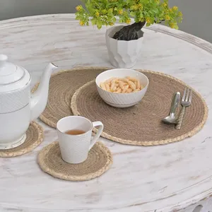 Yüksek kalite el yapımı yuvarlak Placemat işlemeli çizgili tasarım pamuk-jüt Blend yemek masası ev otel kullanımı için 4 SET