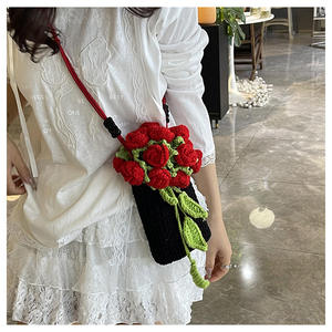 Crochet <b>Sweet</b> Woven Finished <b>Flower</b> Mobile Phone Bag Women's Fashion Crossbody Handmade Shoulder Bag Polyester Drawstring - Product Image 5