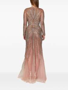 Robe de soirée maxi en mousseline de soie nude avec col en V pleine longueur et manches longues pour les fêtes de bal écologique - Product Image 2