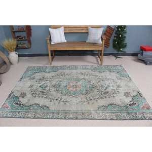 Alfombra Vintage de Lana con Diseño a Cuadros Azul Turco, 5x7.3 pies - Product Image 2