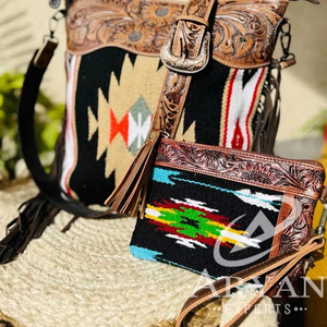 Wholesale Hand Tooled Leather Saddle <b>Blanket</b> Tassel Handbag Stylish Hand Carving Leather Saddle <b>Blanket</b> Wallet Women Combo Set - Product Image 1