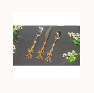 High Quality Silver Mirror Polish Wedding Gift with Gold <b>Twig</b> Fashionable Handle Modern Salad Server Set - Product Image 1