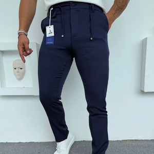 Pantalon extensible de coupe régulière bleu marine pour homme, décontracté, bureau intelligent, taille élastique plate, fermeture éclair, braguette droite, coton Hip Hop - Product Image 1
