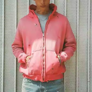 Custom Streetwear Mujeres Hombres 500 GSM Peso Pesado Oversized Blank Pink Acid Wash Vintage Ripped Hole Distressed Zip Up Hoodie - Product Image 5