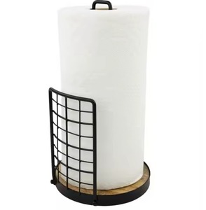Toallero de papel con base de madera con diseño de alambre de hierro recubierto de polvo negro Dispensador de encimera para uso organizador de cocina - Product Image 1