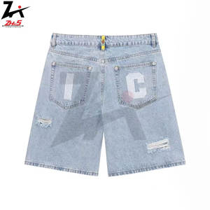 Men's Customizable Solid Cotton Denim <b>Shorts</b> Baggy <b>Wide</b> <b>Leg</b> Knee Length High Street Style Vintage Embroidered Drawstring Closure - Product Image 6