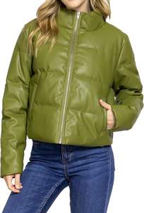Veste matelassée en simili cuir pour femme à col haut 100% veste zippée en polyuréthane recadrée col haut épais hiver - Product Image 5