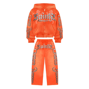 Conjunto Deportivo de Invierno de Lujo, Informal, Urbano, 100% Algodón, con Pedrería, Chaqueta con Cremallera Completa, Pantalones Anchos con Rayas Laterales, Marca Personalizada - Product Image 5