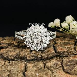 Bague de fiançailles double halo en or massif 14K, 1 ct de diamants naturels, bague en diamant solitaire de 1 ct de taille ronde - Product Image 1