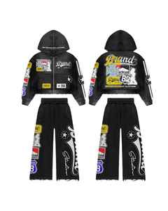 OEM 2 piezas Set pullover Streetwear Unisex Sun Faded Flare Pantalones de chándal Sudadera con capucha lavada Blank Acid Wash Hoodies Set Custom Chándal - Product Image 1