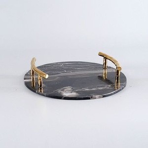<b>Round</b> Shape Indian Marble Serving <b>Tray</b> with Metal Handle Wholesale New Design Handmade Marble and Metal <b>Table</b> Serving <b>Tray</b> - Product Image 2