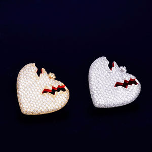 Fancy New S925 Sterling Silver Clouté Brillant Cut Lab Grown Diamond Rhodium Plaqué Or Style Hip-Hop Pendentif Coeur Brisé - Product Image 4