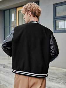 Chaqueta de bombardero de béisbol Varsity con diseño de letras universitarias para hombre, cuerpo de mezcla de lana, Mangas de cuero PU, ropa de calle, ropa de abrigo de invierno - Product Image 3