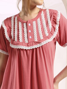 Chemise de nuit en dentelle 100% coton pour femmes, manches courtes, longueur totale, tissu respirant, col uni, élégant, automne/printemps/été - Product Image 5