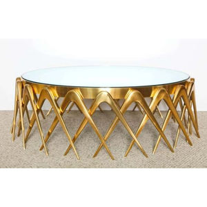 Mesa de Centro Redonda con Tapa de Mármol, Diseño Único y Elegante, Fabricada en Metal de Alta Calidad Chapado en Oro, Procedente de la India - Product Image 3