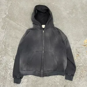 Sweat-shirt streetwear personnalisé de haute qualité, à double fermeture éclair, vintage, double couche, délavé à l'acide, délavé au soleil, poches, sweat-shirts - Product Image 1