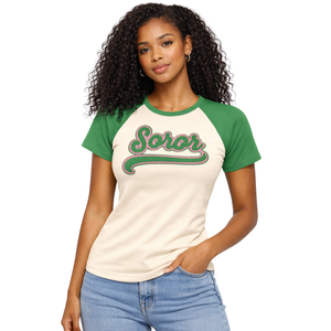 Camiseta de Manga Raglán Ivory 08 Soror, para Mujeres de Hermandad Griega, Rosa y Verde, Ecológica, Informal, Elegante, para la Universidad - Product Image 1