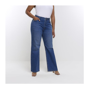 Pantalon en jean bleu taille haute pour femme coupe droite baggy confortable avec décoration de logo vêtements techniques maigres empilés - Product Image 1