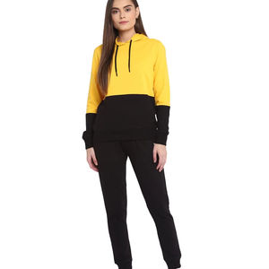 Two tone <b>women</b> set Yellow and <b>black</b> color <b>Hooded</b> Tracksuit Set Pullover <b>Jacket</b> and Jogger Pants Outfit for Casual Wear - Product Image 2