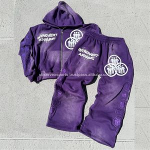 Observex Sports Hooded Heavyweight French Terry Screen Printing Distress <b>Rein</b>-stones Black Wash Unisex Oversize Track Suits - Product Image 5